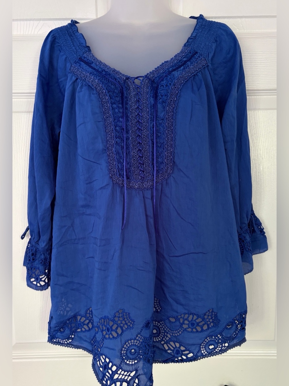 Alberto Makali Embroidered Silk Cotton Top Blouse Tunic Crochet Lace Trim Large